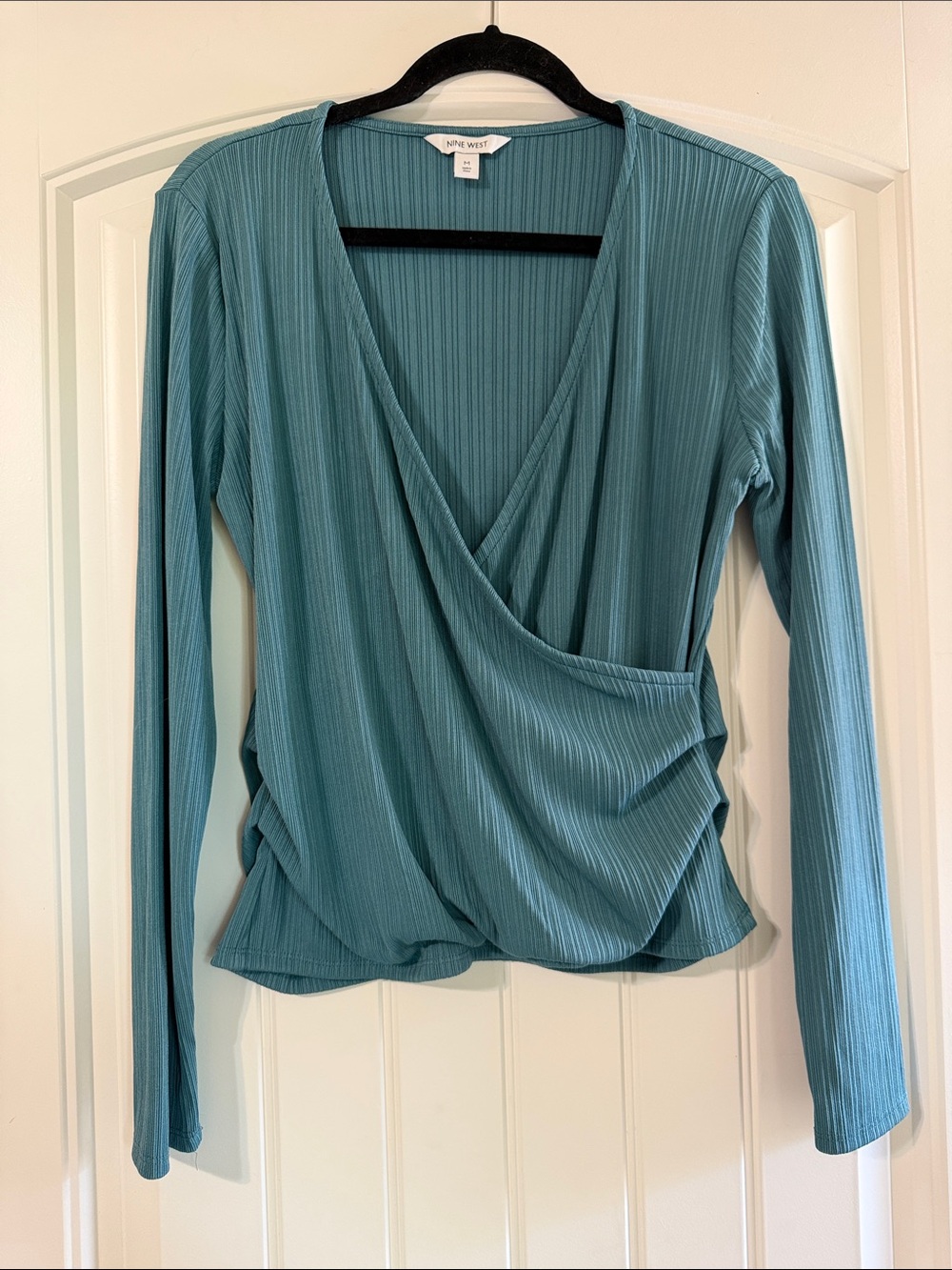 Nine West Teal Ribbed Surplice Long-Sleeve Top